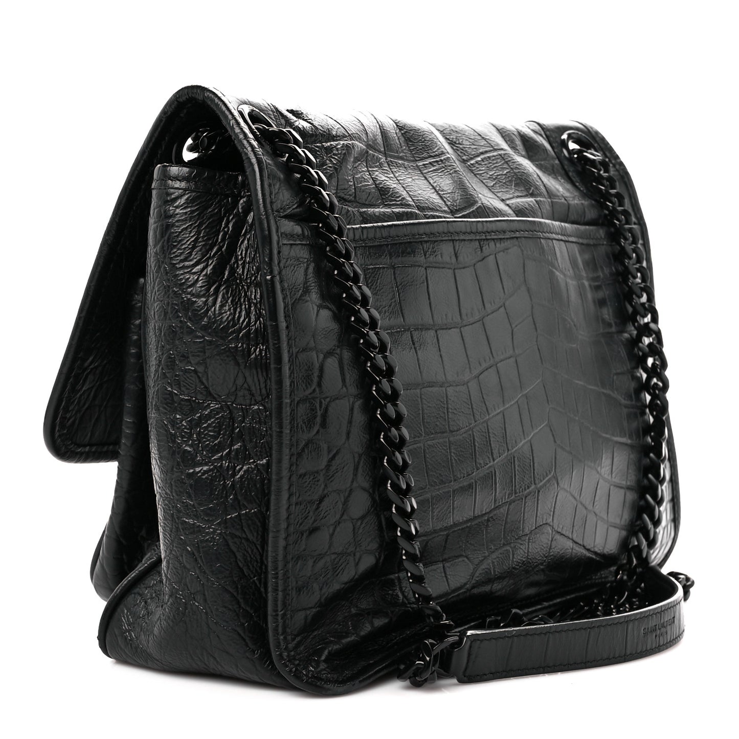 Crocodile Embossed Lambskin Monogram Medium Niki Chain Satchel Black