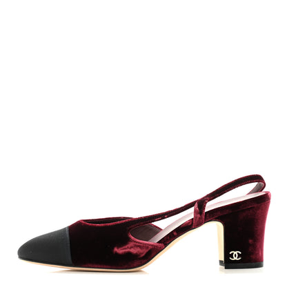 Chanel Velvet Grosgrain Cap Toe CC Slingback Pumps 37 Burgundy Black 1 of 9
