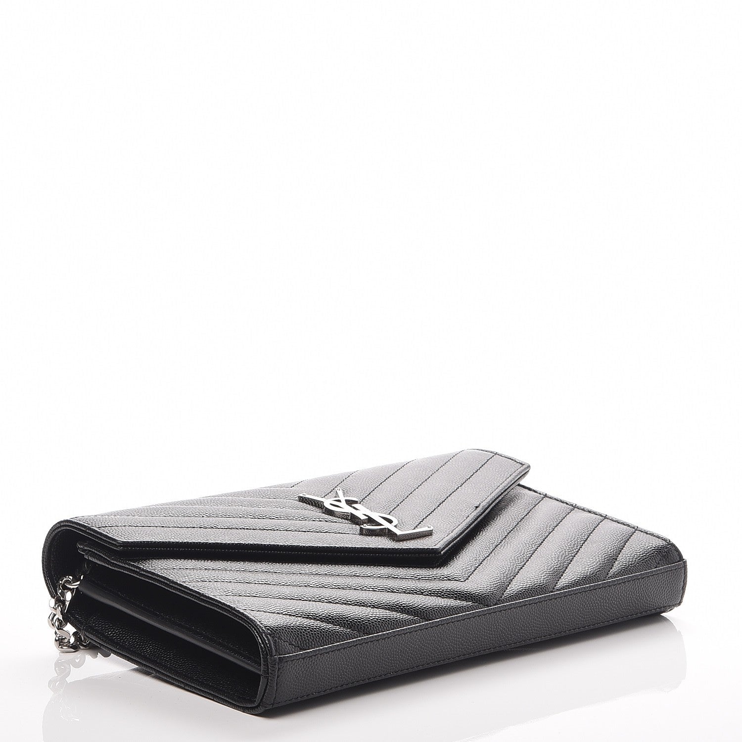 Saint Laurent Grain De Poudre Matelasse Chevron Monogram Chain Wallet Black 4 of 8