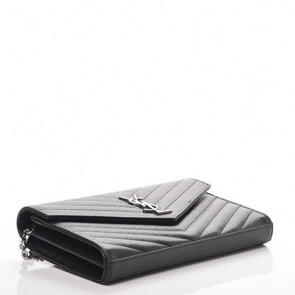 Saint Laurent Grain De Poudre Matelasse Chevron Monogram Chain Wallet Black 4 of 8