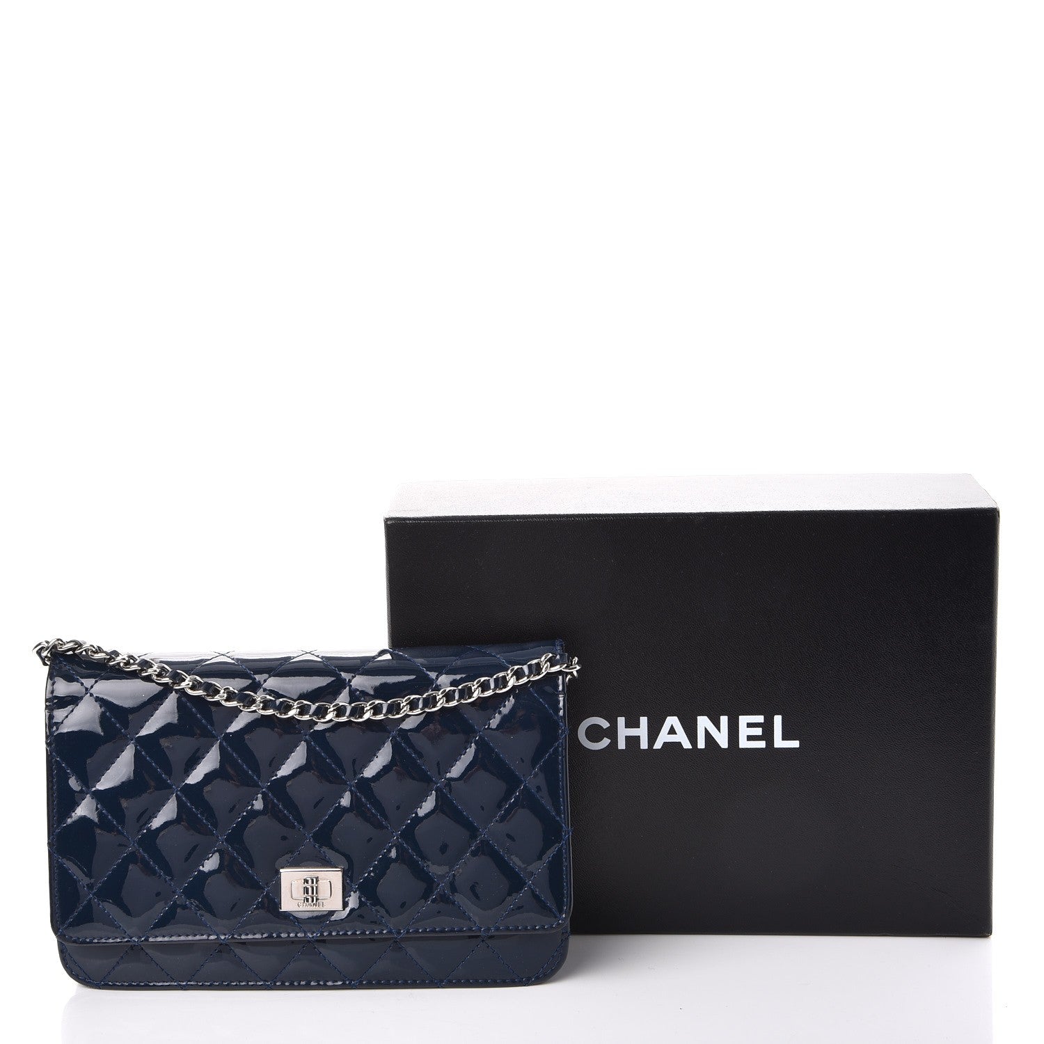 Chanel Patent Calfskin Quilted Reissue Wallet On Chain WOC Dark Navy Blue 9 of 9