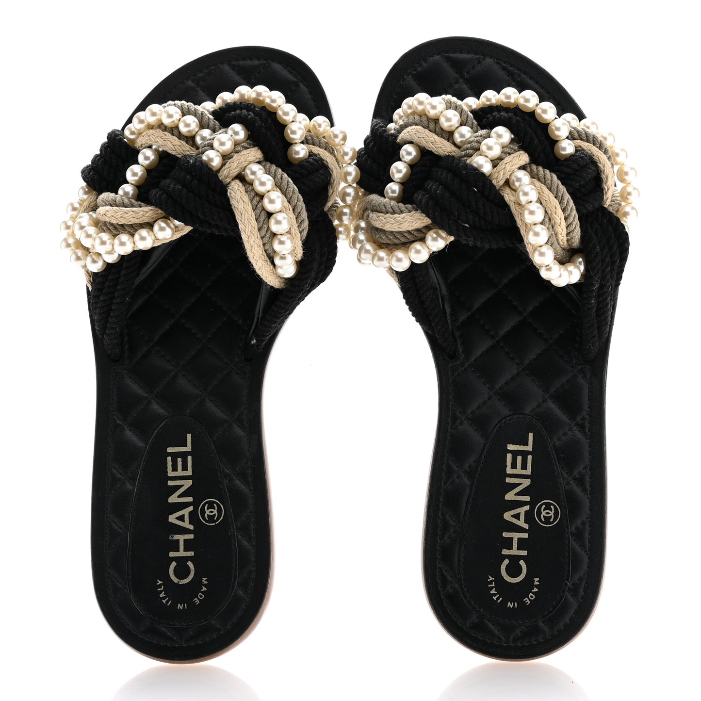 Lambskin Pearl Cord CC Mules 36 Black Beige