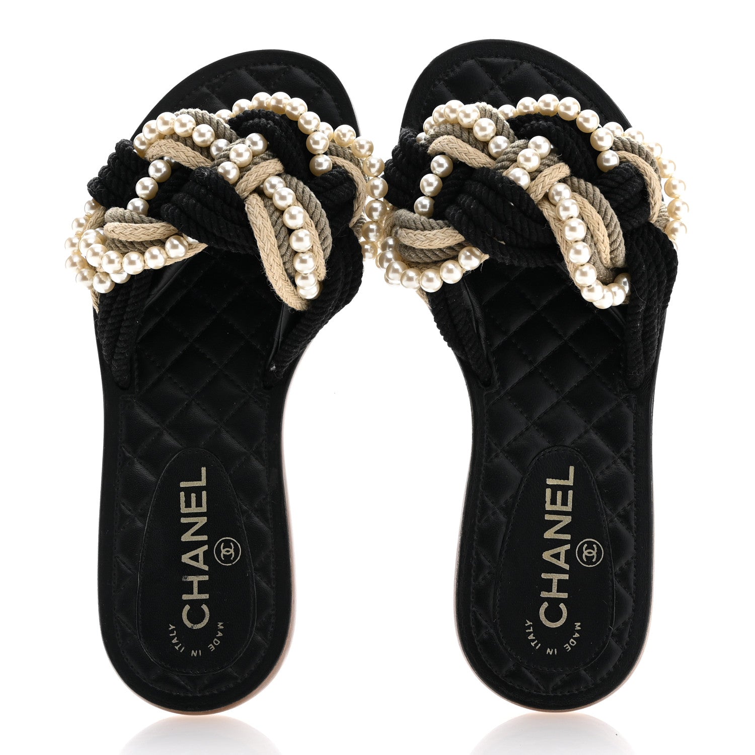 Chanel Lambskin Pearl Cord CC Mules 36 Black Beige 2 of 11