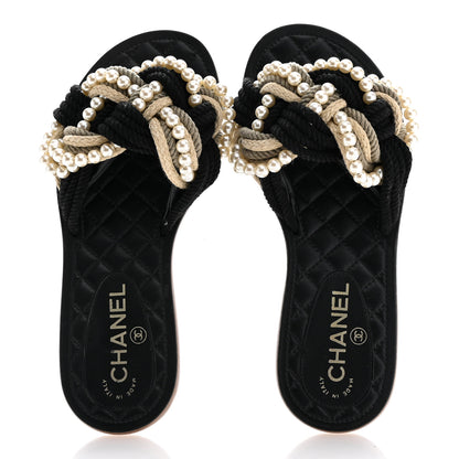 Chanel Lambskin Pearl Cord CC Mules 36 Black Beige 2 of 11