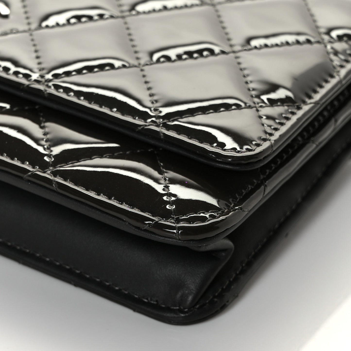 Patent Quilted Wallet On Chain WOC Dark Grey