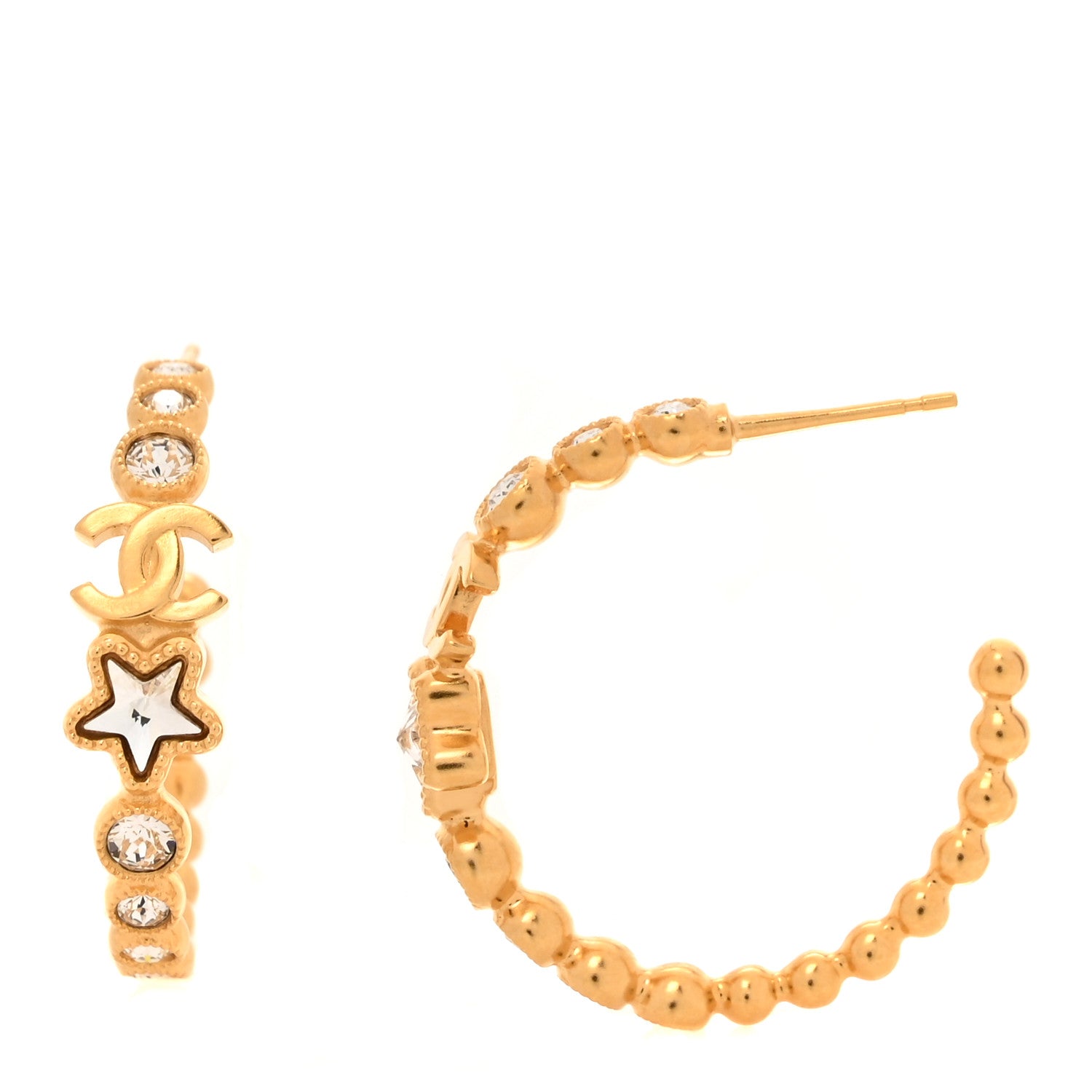 Chanel Metal Strass Crystal Star CC Hoop Earrings Gold 1 of 5