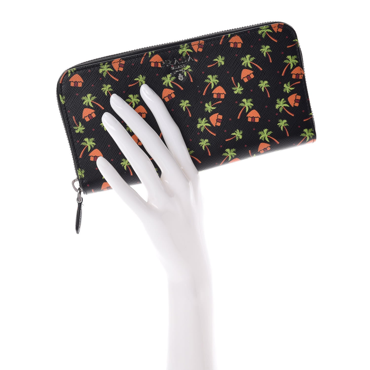 Prada Saffiano Palm Tree Print Zip Around Wallet Black 2 of 9