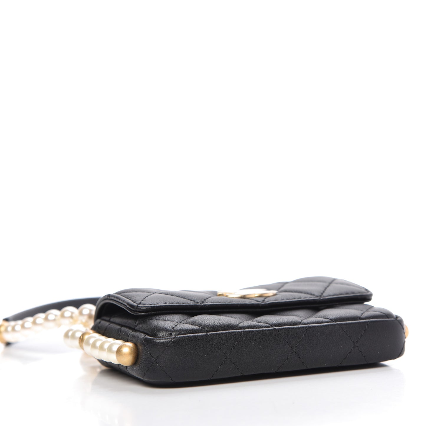 Calfskin Quilted About Pearls Card Holder Flap With Chain Black
