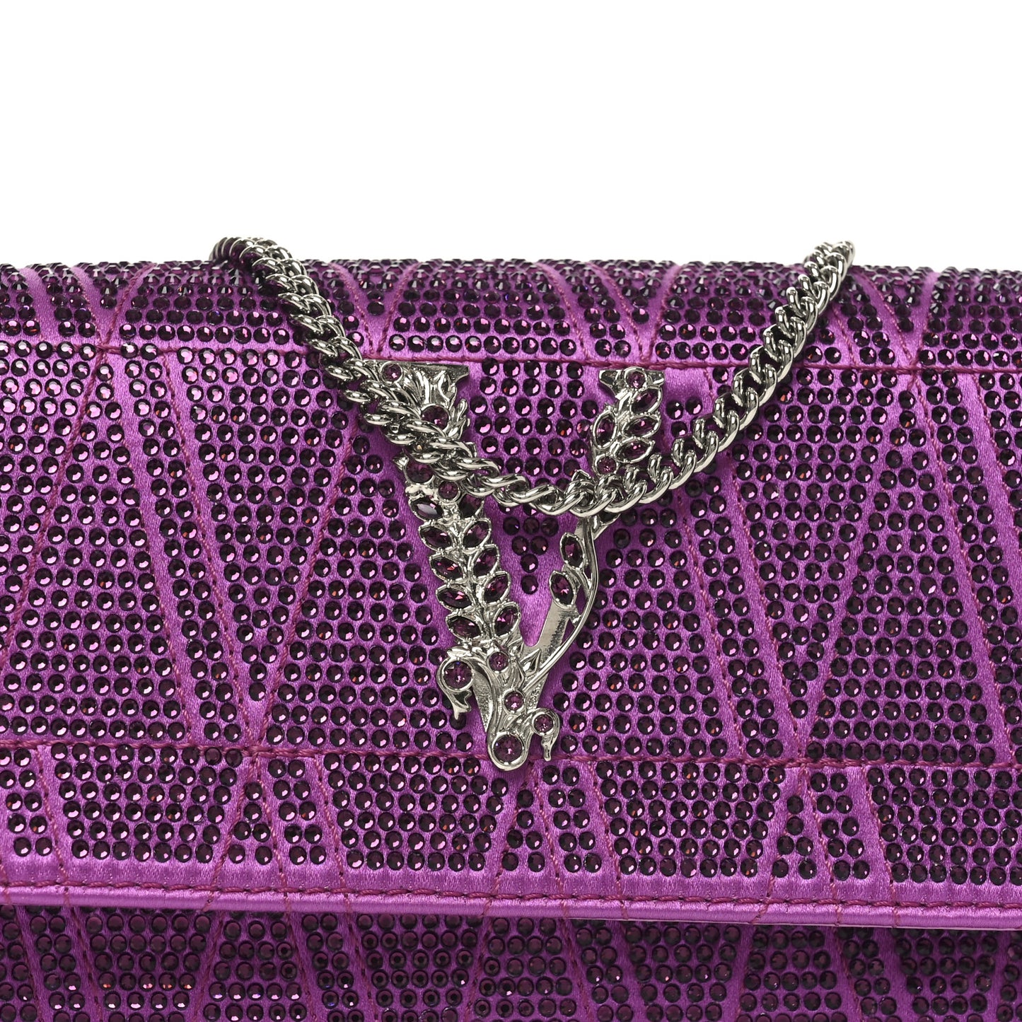 Satin Crystal Virtus Chain Clutch Purple
