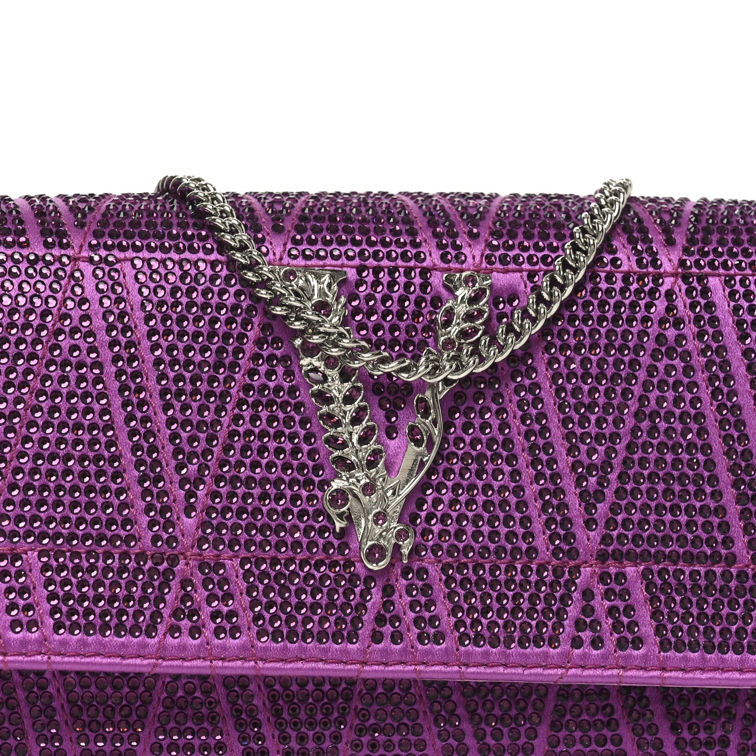 Versace Satin Crystal Virtus Chain Clutch Purple 7 of 10