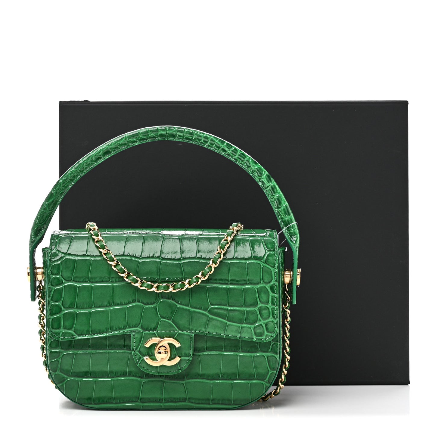Calfskin Crocodile Embossed Turn Around Mini Flap Emerald