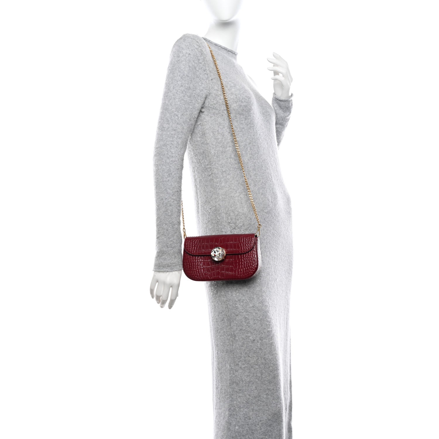 Miu Miu Calfskin Crystal Crocodile Embossed Saint Cocco Wallet On Chain Rubino 2 of 10