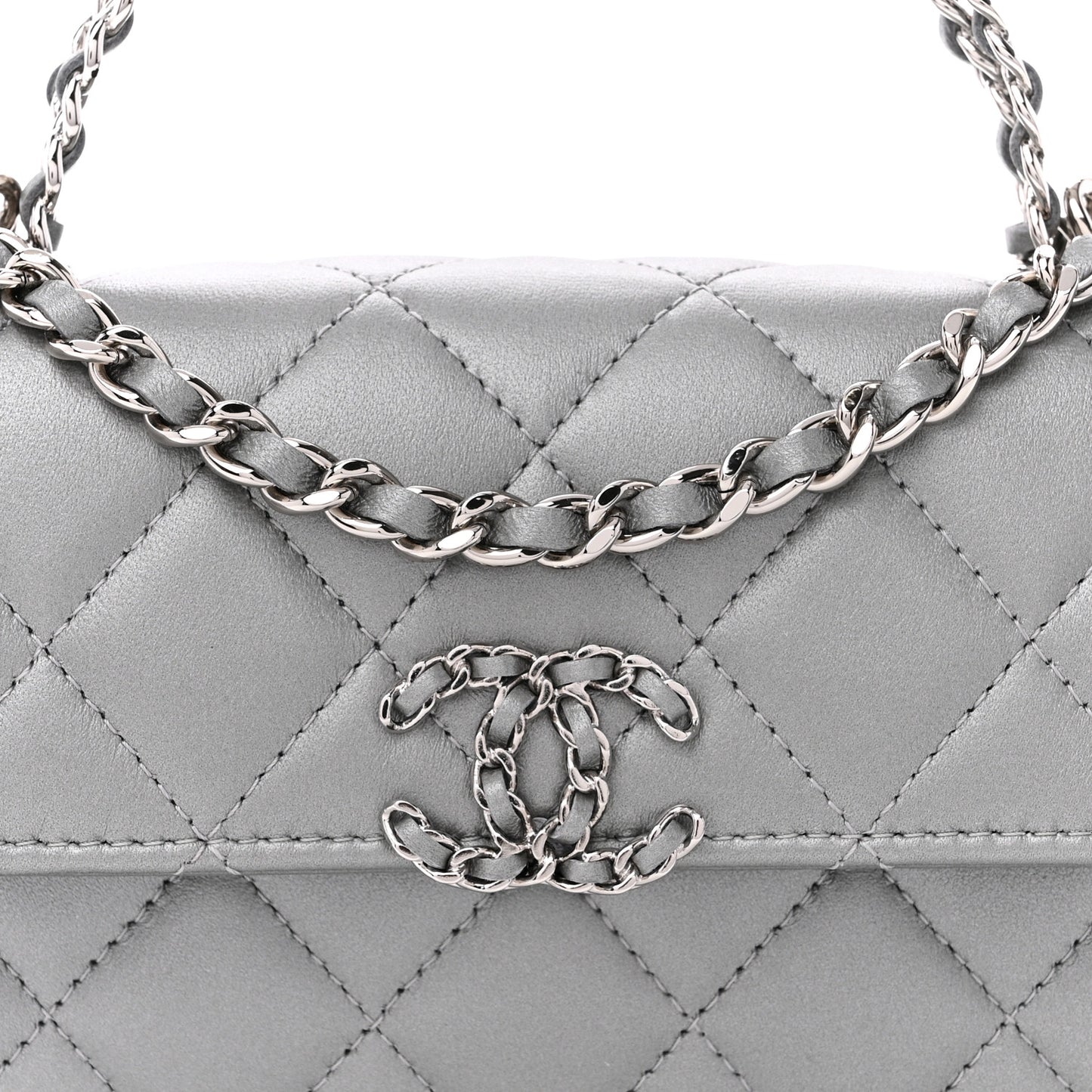 Lambskin Quilted Chain Top Handle Phone Holder With Chain Silver