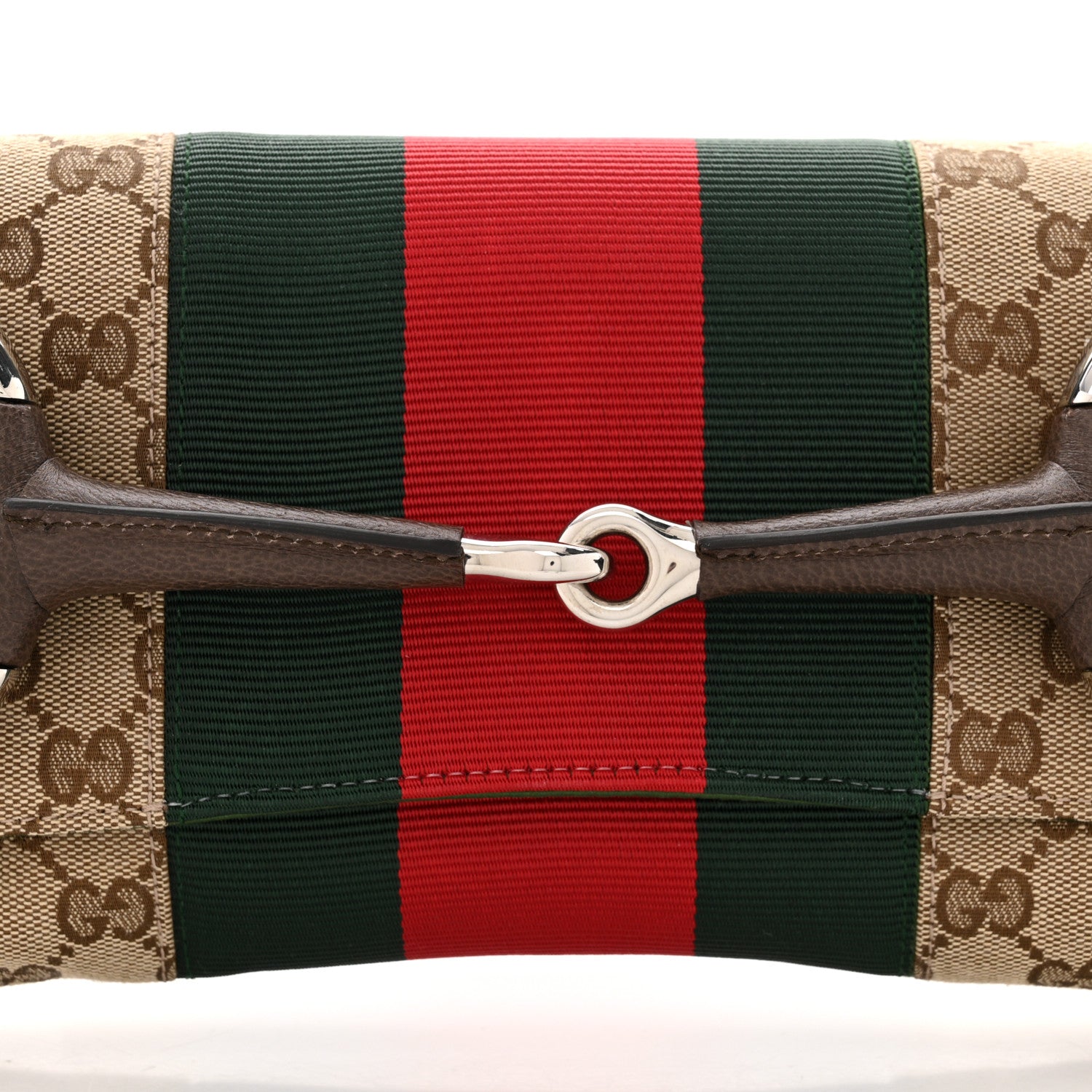 Gucci Monogram Textured Dollar Calfskin Heavy Grosgrain Web Medium Maxi Horsebit Chain Shoulder Bag Beige Ebony New Acero 7 of 9