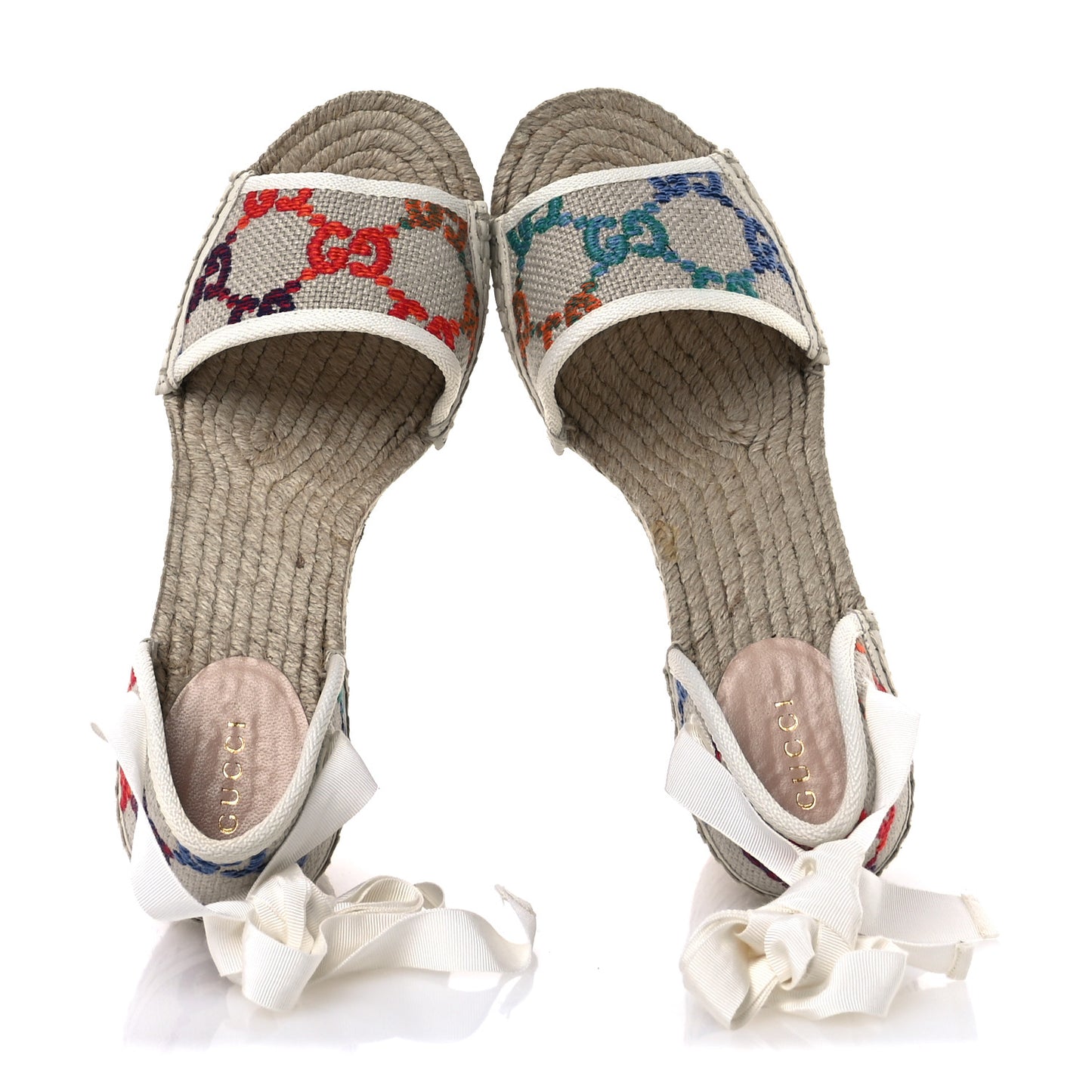 Linen Psychedelic Mini GG Monogram Ankle Wrap Platform Espadrille Wedge Sandals 39 Multicolor Mystic White