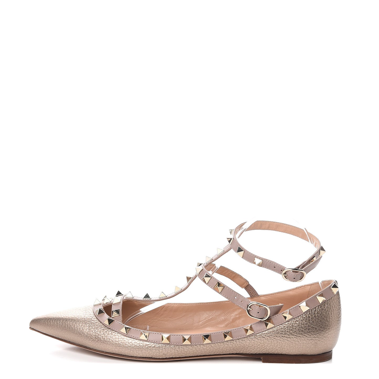 Metallic Pebbled Calfskin Rockstud Cage Ballerina Flats 41.5 Sasso Poudre