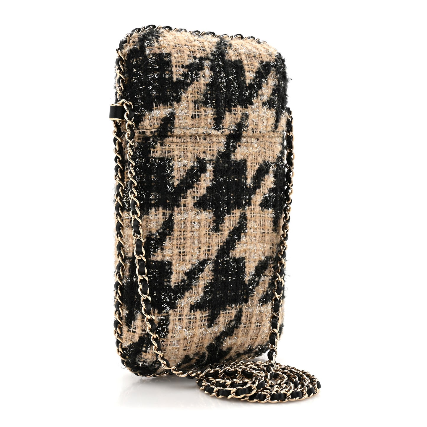 Tweed Chain Around Phone Holder Beige Black