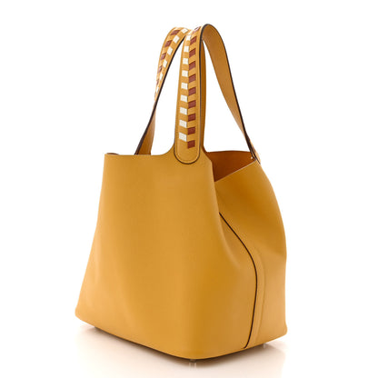 Hermes Epsom Tressage De Cuir Picotin Lock 22 MM Jaune Ambre Brique White 3 of 11