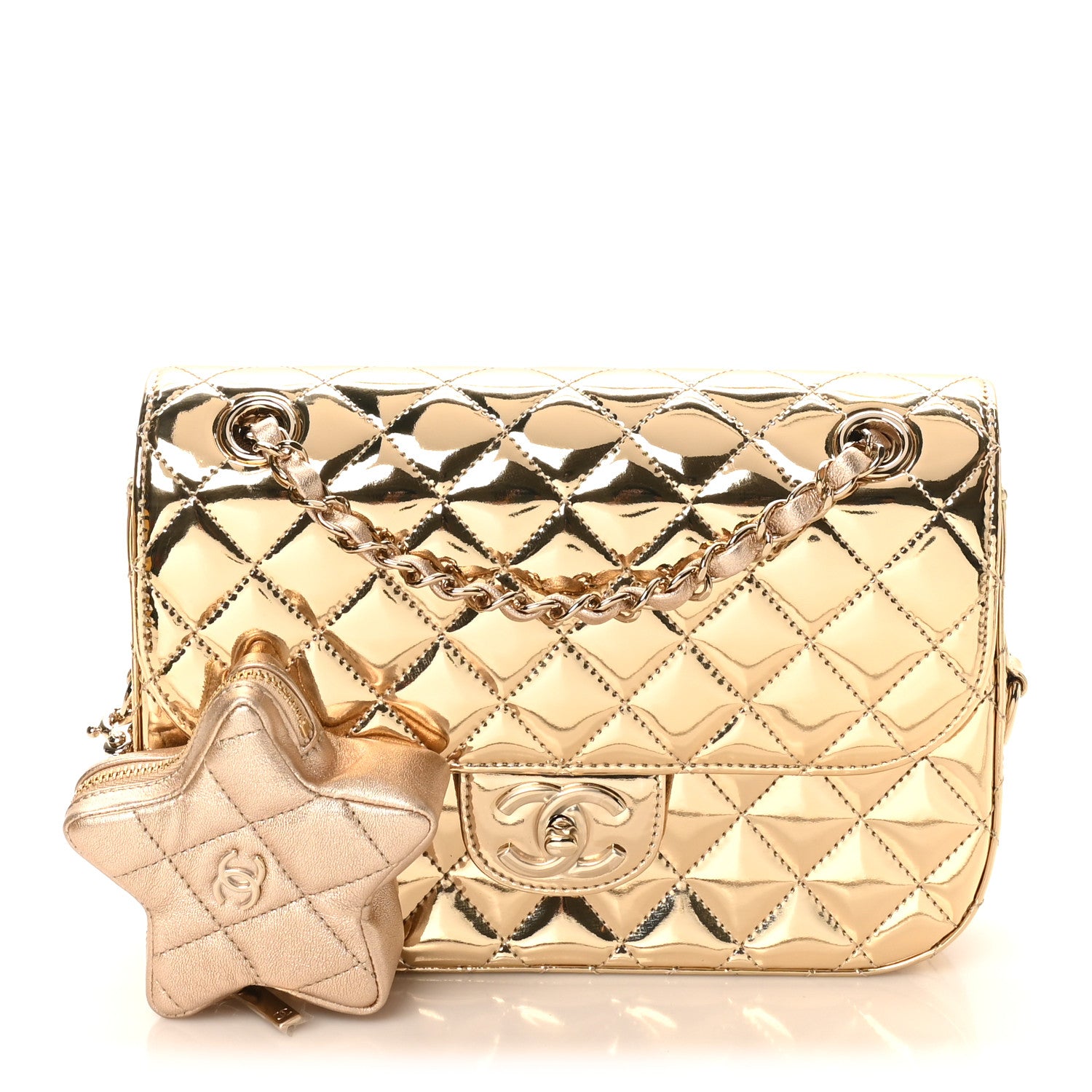 Chanel Mirror Calfskin Metallic Calfskin Medium Hollywood Boulevard Flap With Star Coin Purse Light Gold 1 of 11