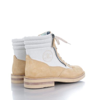 Chanel Toile Suede Calfskin CC Lace Up Short Boots 39 Light Beige 4 of 9