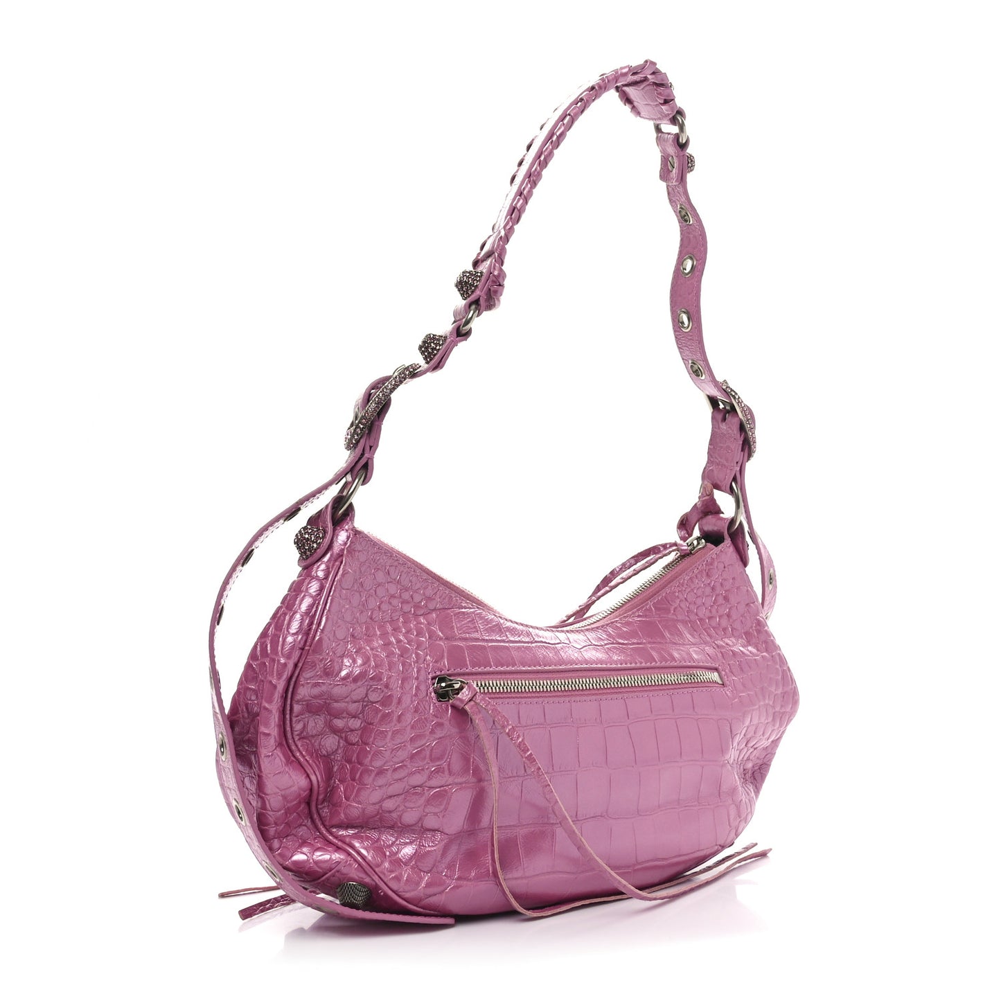 Metallic Extra Supple Calfskin Crystal Crocodile Embossed Small Le Cagole Shoulder Bag Pink