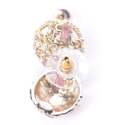 Chanel Crystal Pearl CC Round Earrings Gold Pink 3 of 4