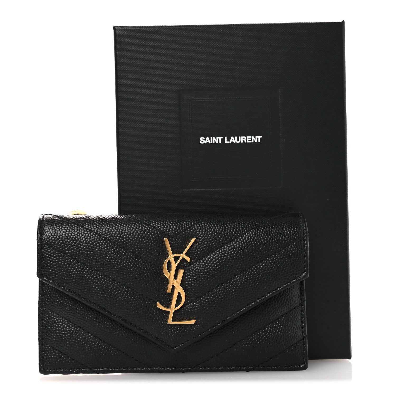 Saint Laurent Grain De Poudre Matelasse Chevron Monogram Compact Wallet Black 9 of 9