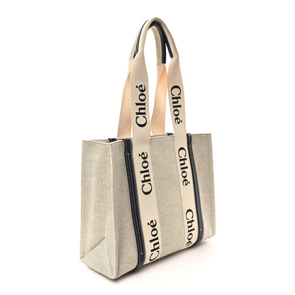 Chloe Linen Calfskin Medium Woody Ribbon Tote White Blue 3 of 11