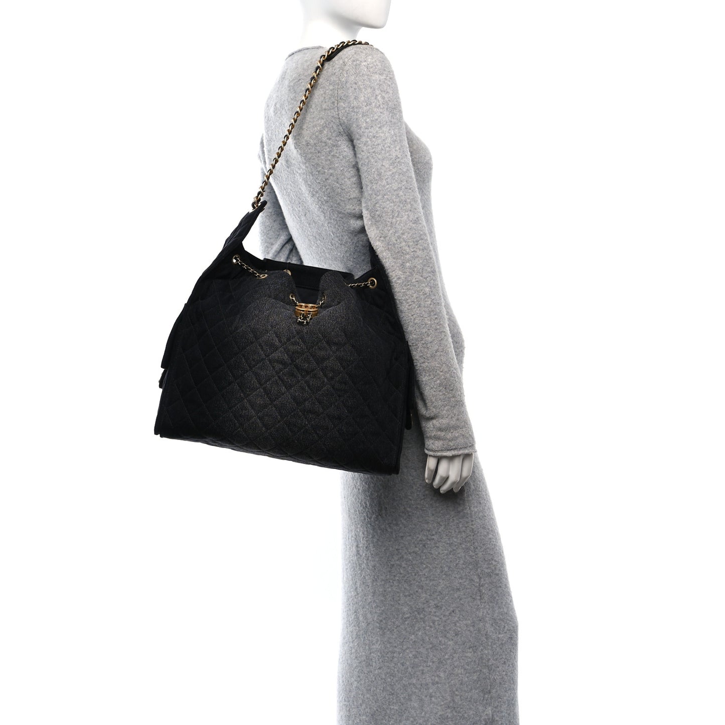 Washed Denim Quilted Large Chanel 25 Handbag Black