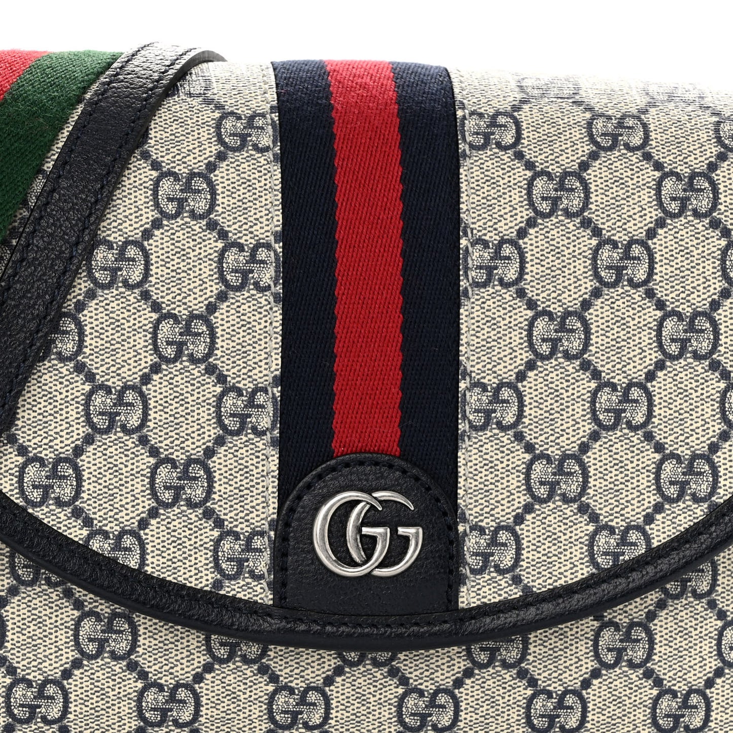 GG Supreme Monogram Textured Dollar Calfskin Web Studded Mini Ophidia Flap Shoulder Bag Beige Blue