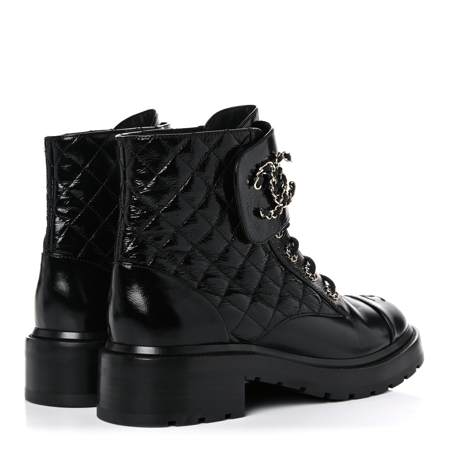Chanel Shiny Calfskin Quilted Lace Up Combat Boots 40 Black 4 of 10