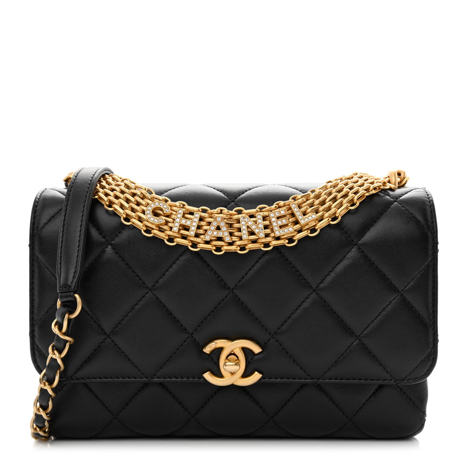 Chanel Lambskin Quilted CC Crystal Logo Chain Flap Black 1 of 11
