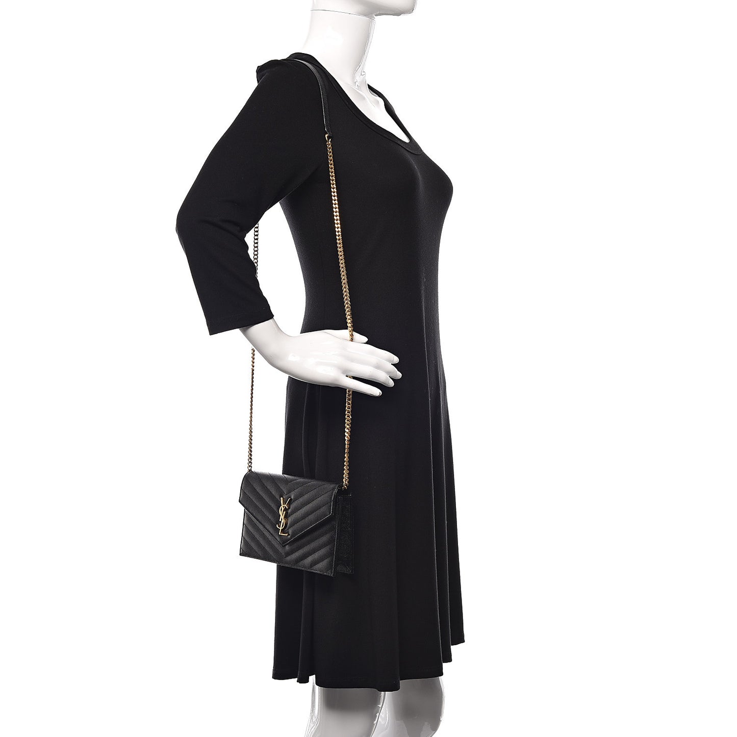 Grain De Poudre Matelasse Chevron Monogram Envelope Chain Wallet Black