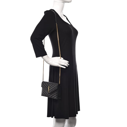 Saint Laurent Grain De Poudre Matelasse Chevron Monogram Envelope Chain Wallet Black 2 of 10