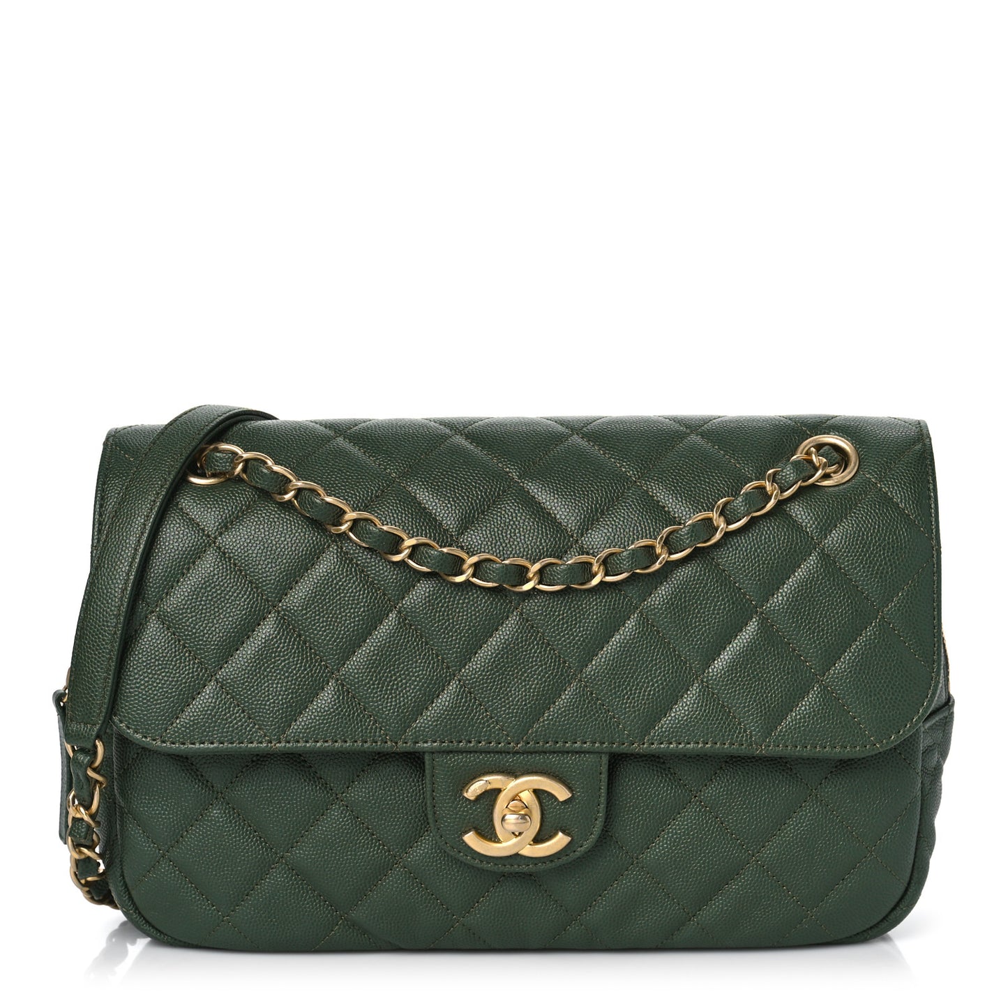 Caviar Quilted Medium Single Flap Dark Green