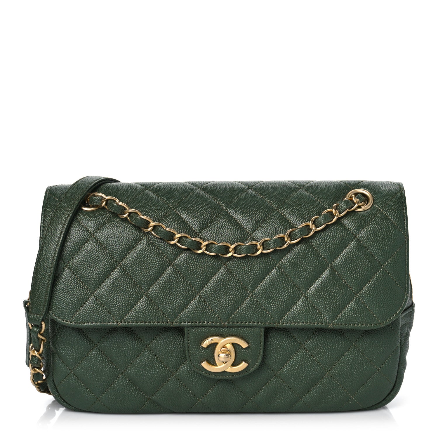 Chanel Caviar Quilted Medium Single Flap Dark Green 1 of 9