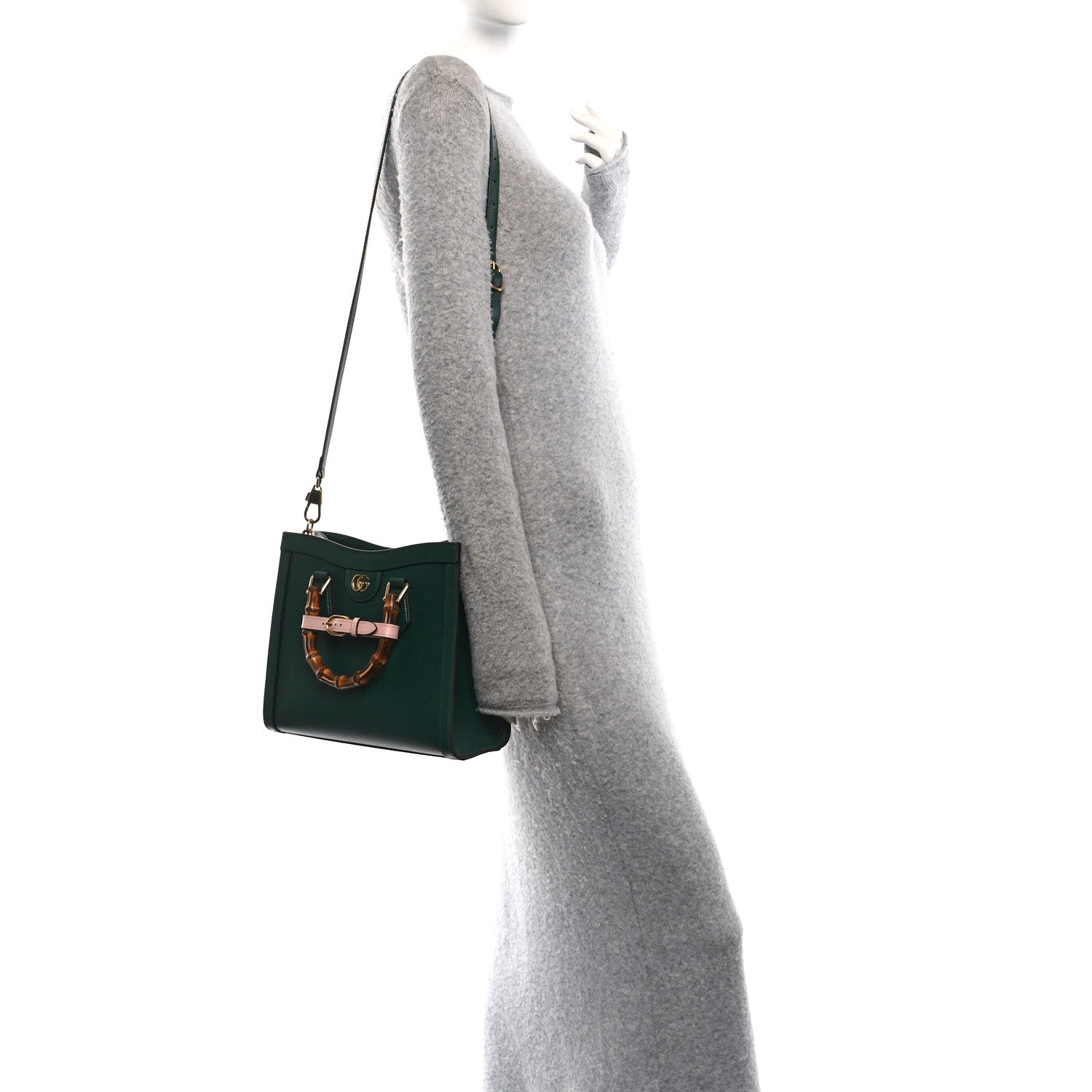 Gucci Textured Dollar Calfskin Web Diana Tote Bag Vintage Green Powder Pink 2 of 10