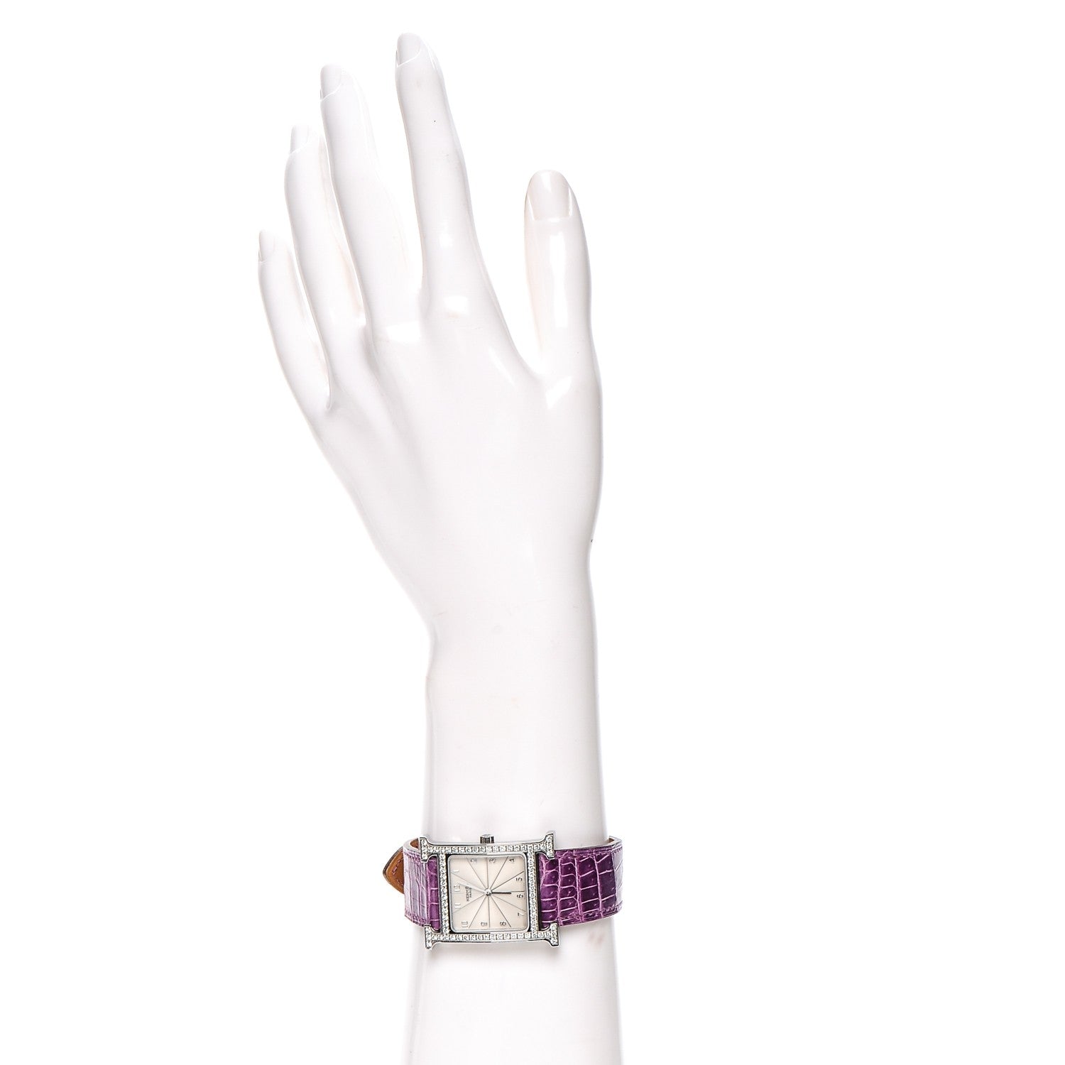 Hermes Stainless Steel Alligator Diamond Bezel 26mm Heure H Hour Quartz Watch Amethyst 2 of 11