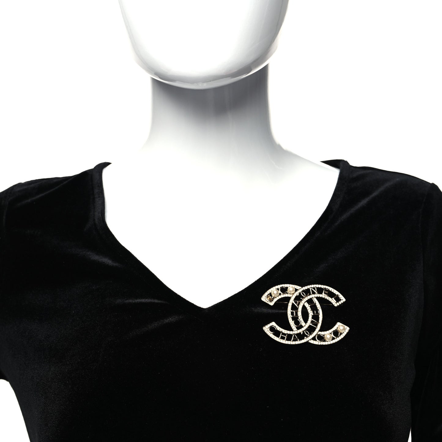 Crystal Pearl Coco CC Logo Brooch Gold