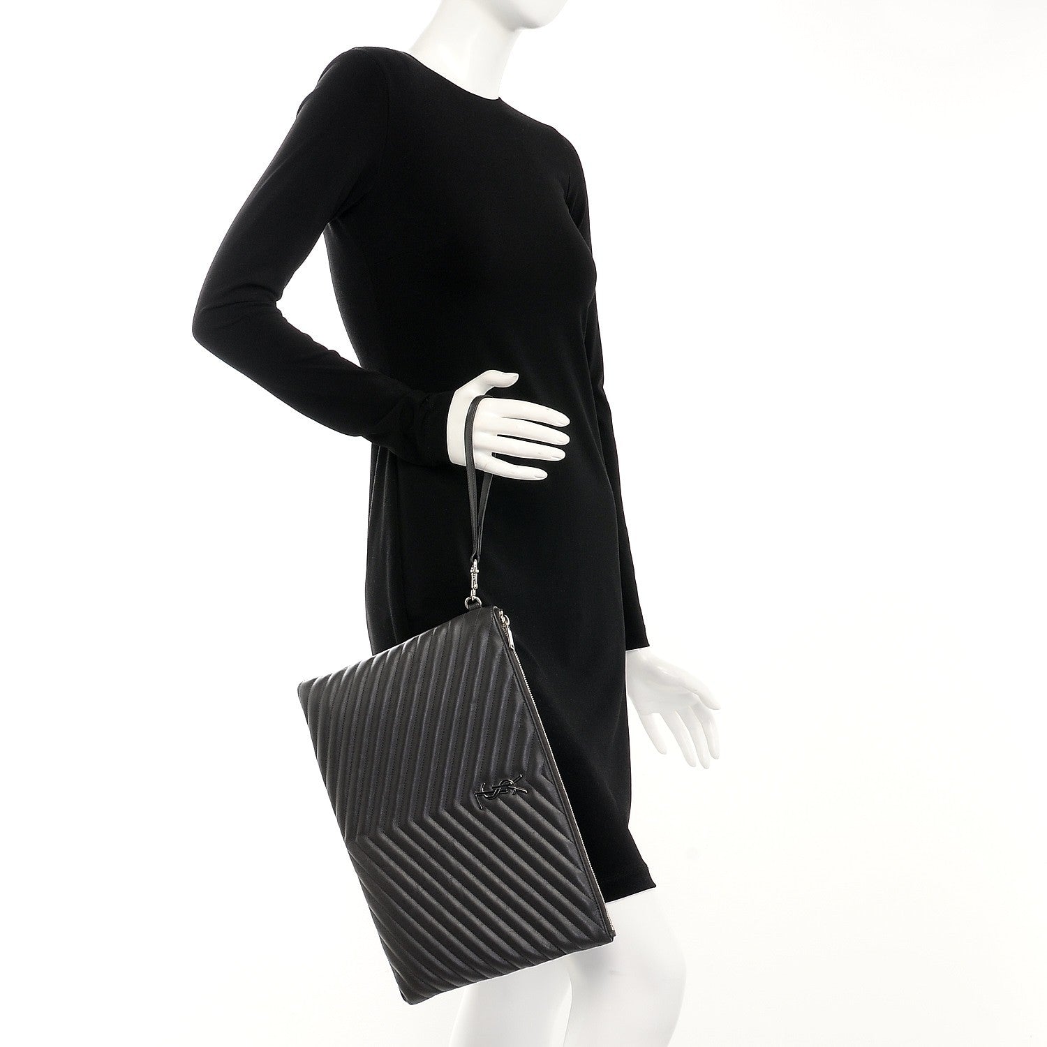 Saint Laurent Calfskin Matelasse Chevron Cassandre Monogram Document Holder Coal 2 of 8