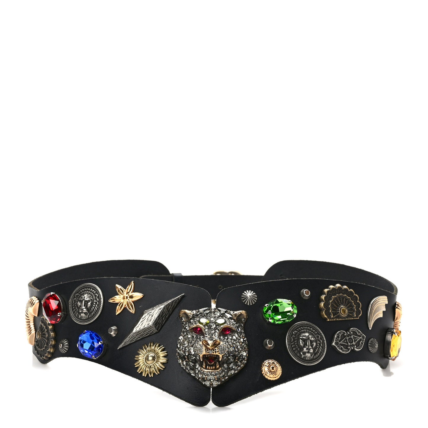 Calfskin Crystal Studded Swarovski Crystal Feline Belt 85/34 Black