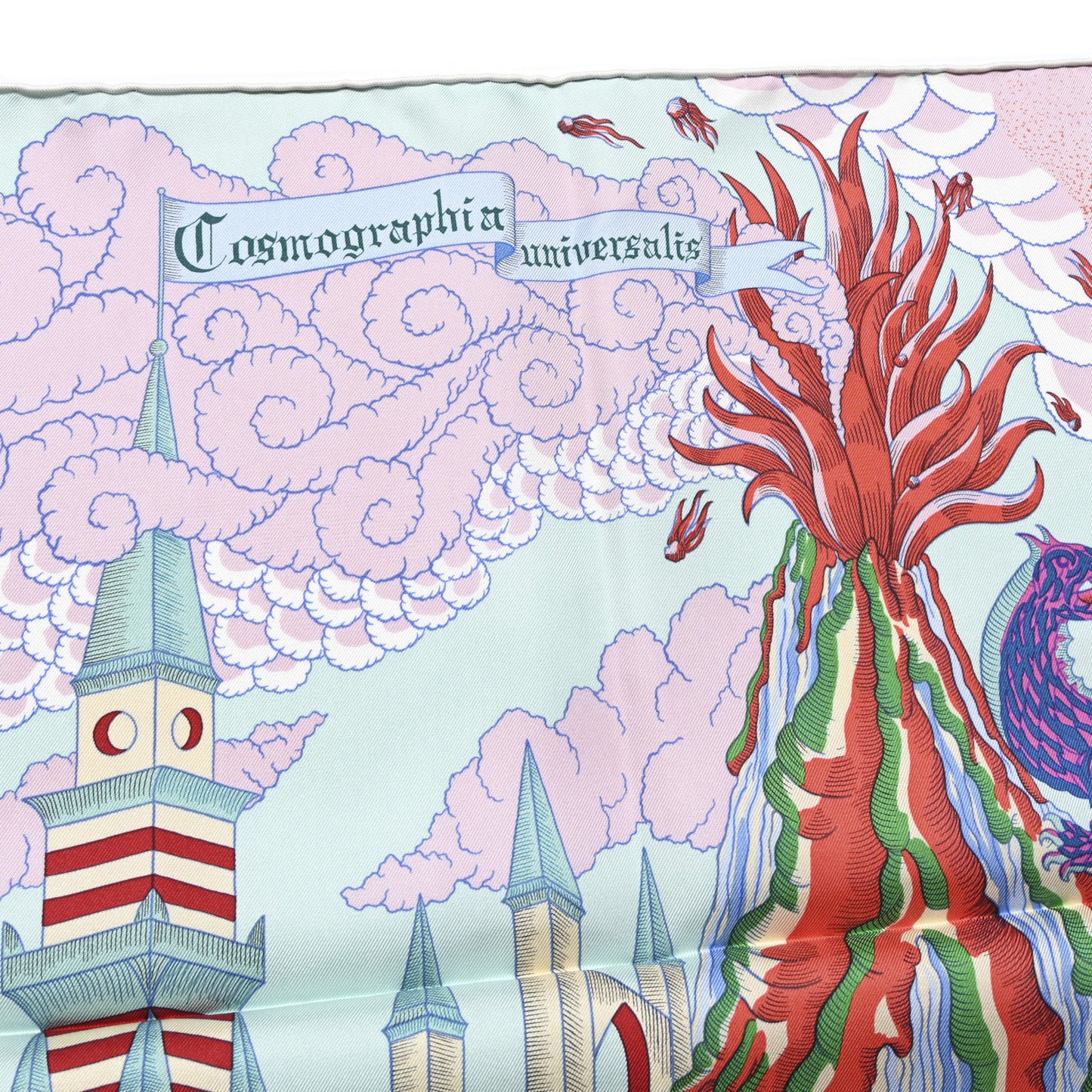 Silk Cosmographia Universalis Scarf 90 Turquoise Jaune Rose