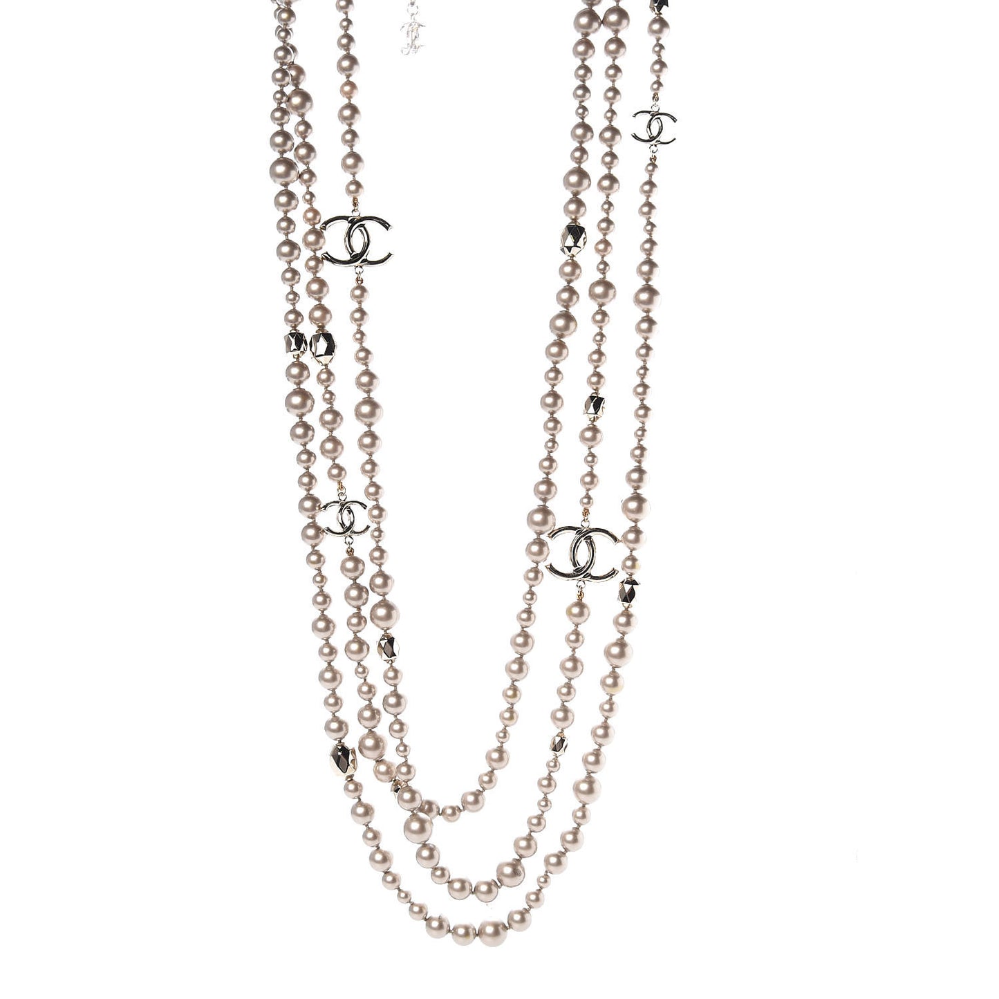 Pearl CC Multi Strand Long Necklace Golden Beige