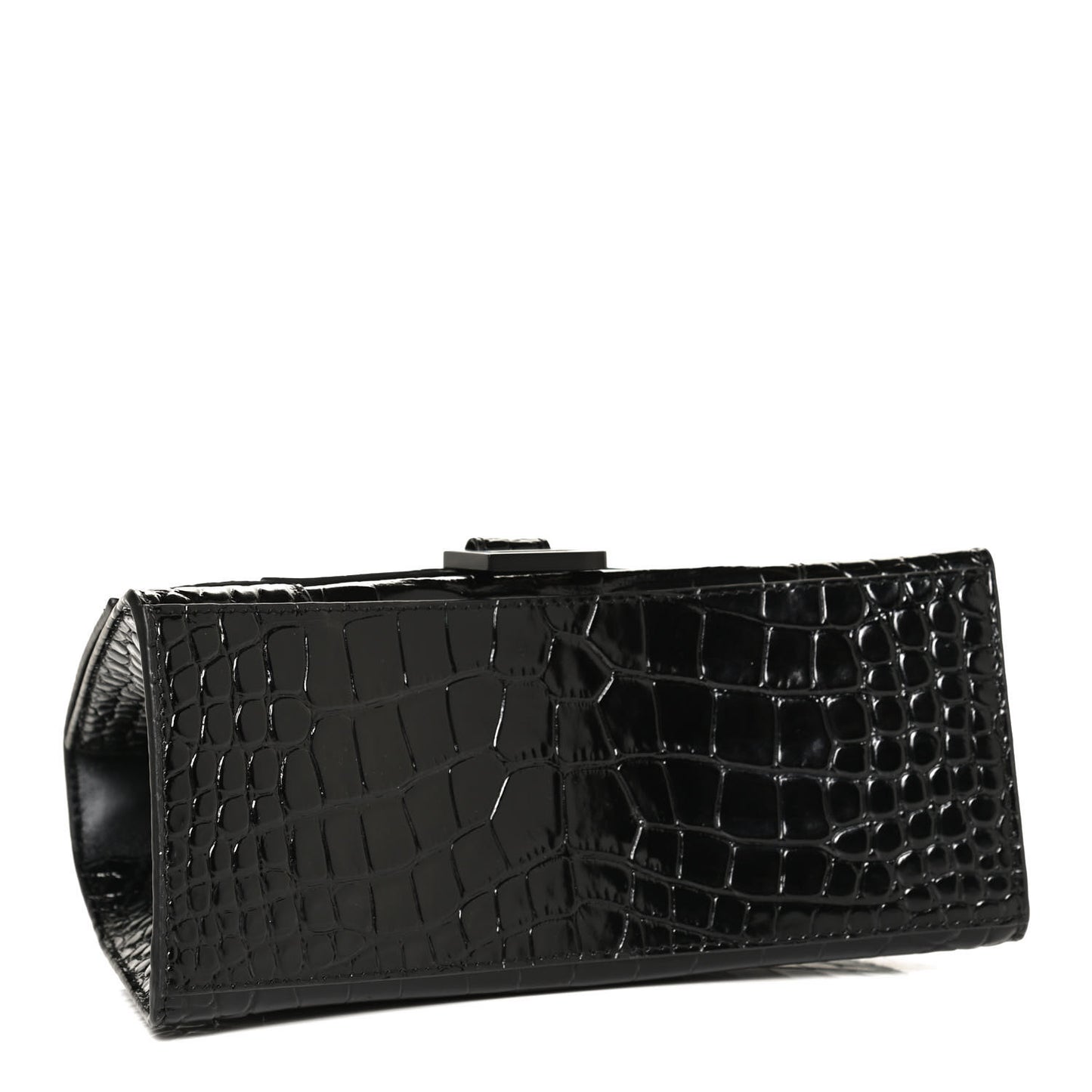Shiny Calfskin Monochrome Crocodile Embossed Small Hourglass Top Handle Bag Black