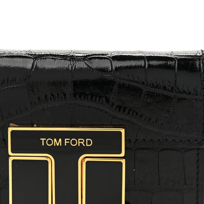 Tom Ford Calfskin Crocodile Embossed Mini T Clasp Accordion Wallet With Strap Black 7 of 9