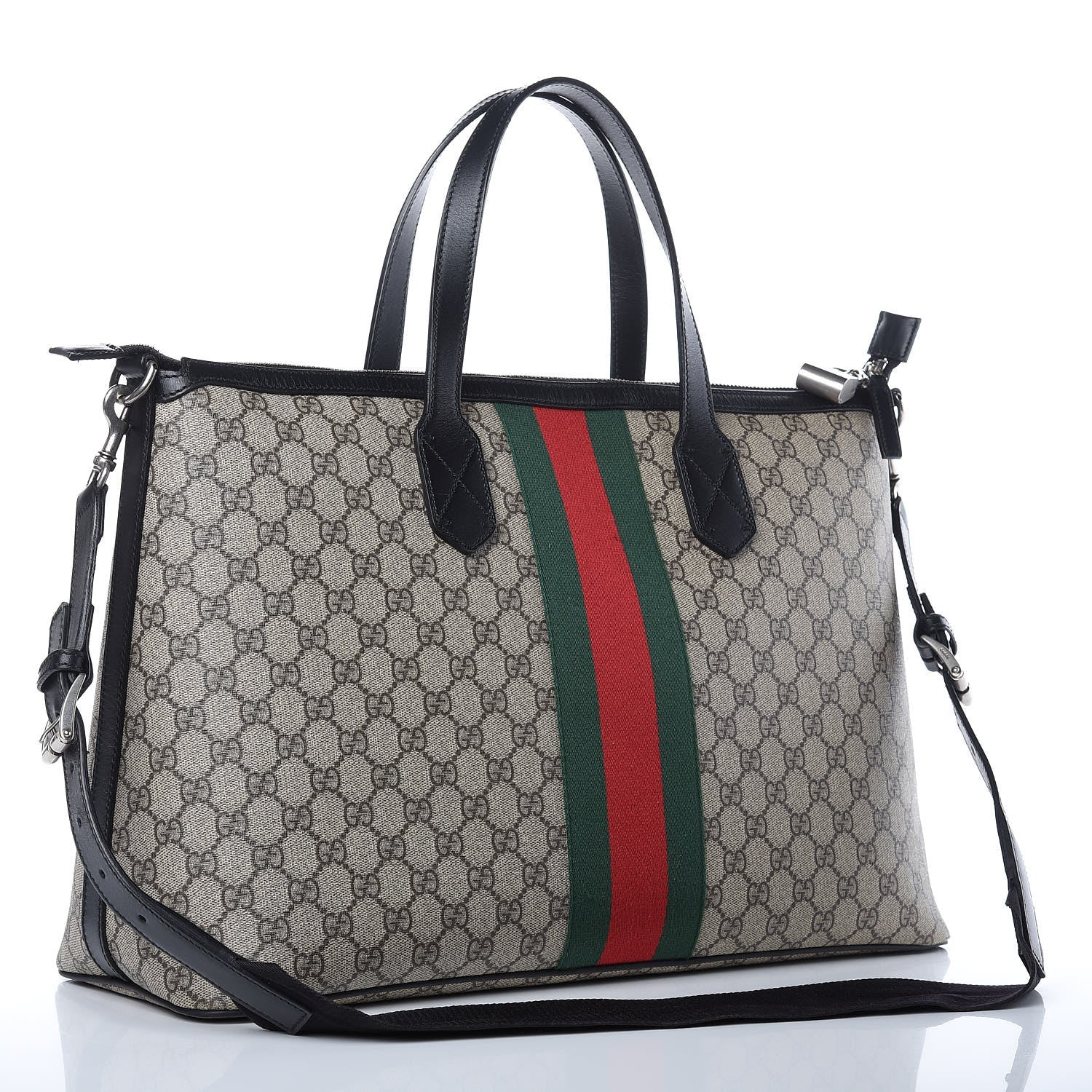 Gucci GG Supreme Monogram Web Medium Zippered Tote Beige Black 3 of 11