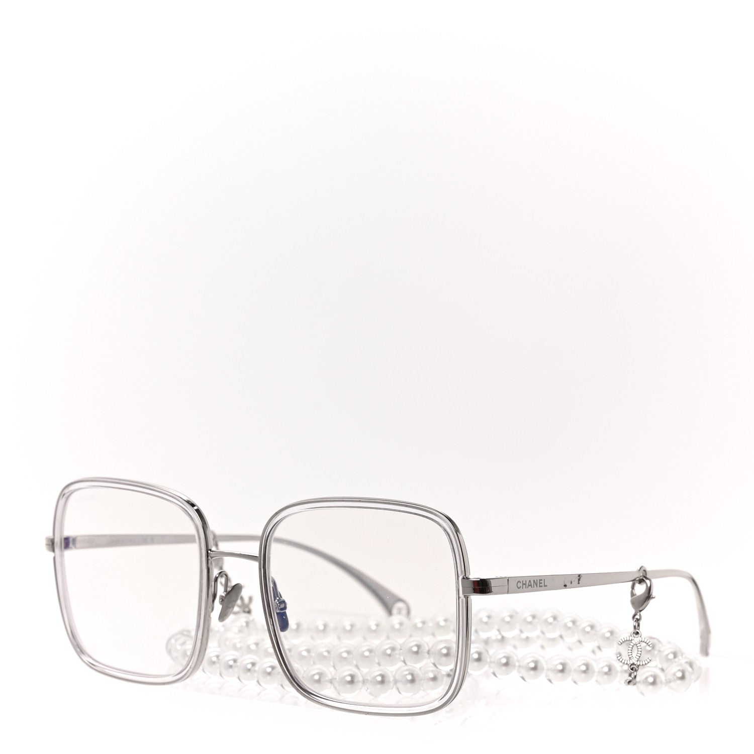 Chanel Metal Removable Pearl Chain Square Eyeglasses 2195-S Silver 1 of 6
