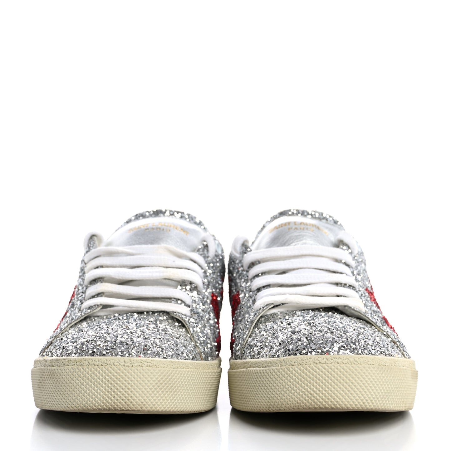 Calfskin Glitter Star Court Sneakers 40 Silver Red