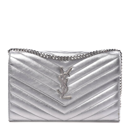 Saint Laurent Metallic Lambskin Matelasse Chevron Monogram Chain Wallet Argento 1 of 11