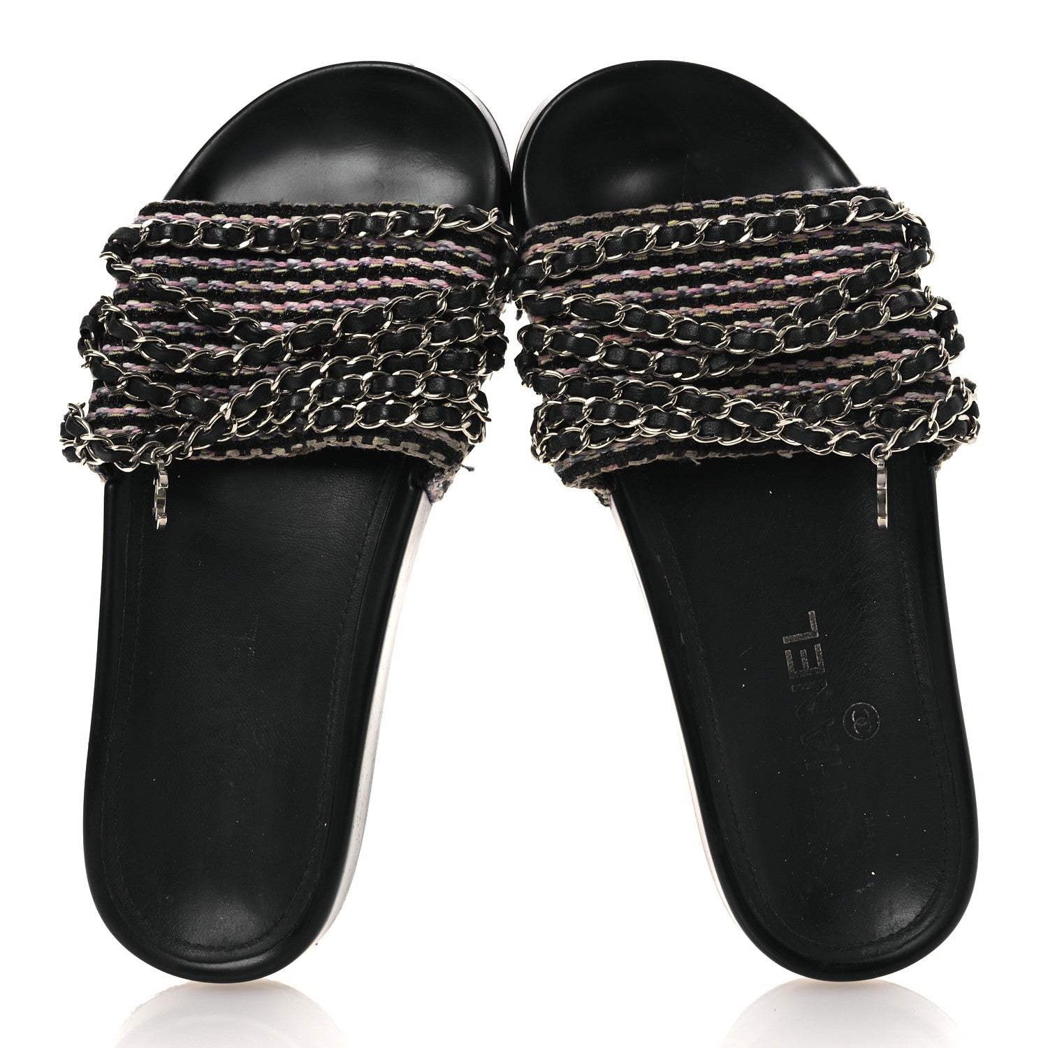 Chanel Tweed Lambskin Chain Flat Sandals 36 Black Multicolor